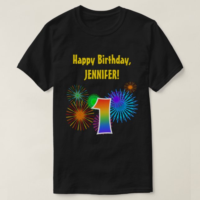 T-shirt Fun Fireworks + Rainbow Motif "1" Anniversaire # (Design devant)