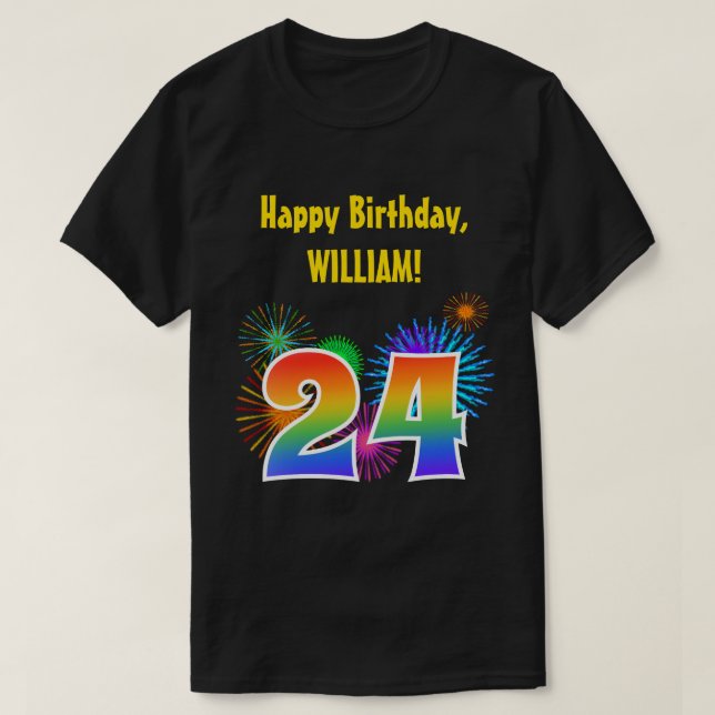 T-shirt Fun Fireworks + Rainbow Motif "24" Anniversaire # (Design devant)