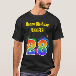 T-shirt Fun Fireworks + Rainbow Motif "28" Anniversaire #