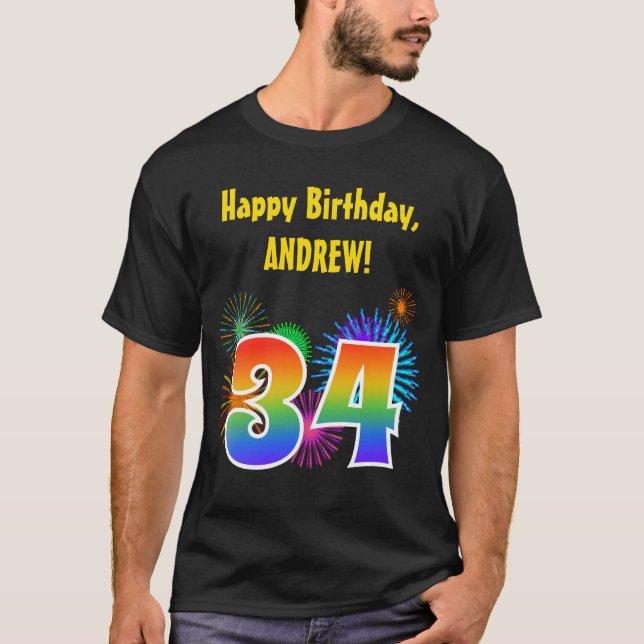 T-shirt Fun Fireworks + Rainbow Motif "34" Anniversaire # (Devant)
