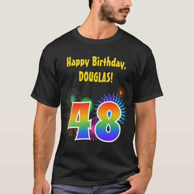 T-shirt Fun Fireworks + Rainbow Motif "48" Anniversaire # (Devant)