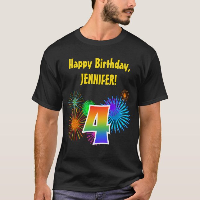 T-shirt Fun Fireworks + Rainbow Motif "4" Anniversaire # (Devant)