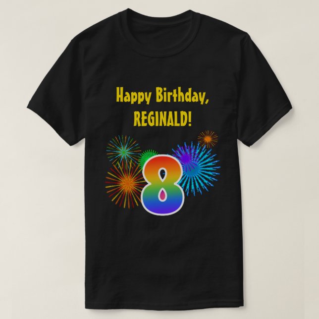 T-shirt Fun Fireworks + Rainbow Motif "8" Anniversaire # (Design devant)