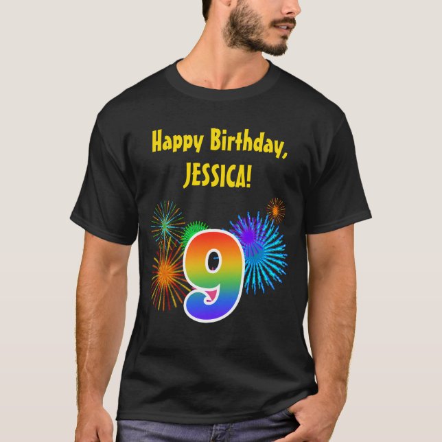 T-shirt Fun Fireworks + Rainbow Motif "9" Anniversaire # (Devant)