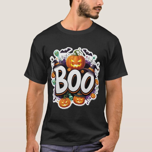 T-shirt Fun Halloween Boo graphic with glowing pumpkins wi (Devant)