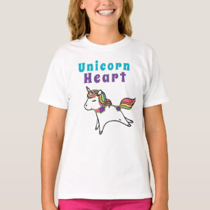 T-shirt Fun mignon coeur Unicorne, fleurs violettes et ros