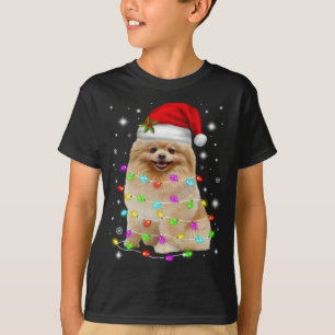 T-shirt Funky Chien Poméranien Santa Hat lumières de Noël 