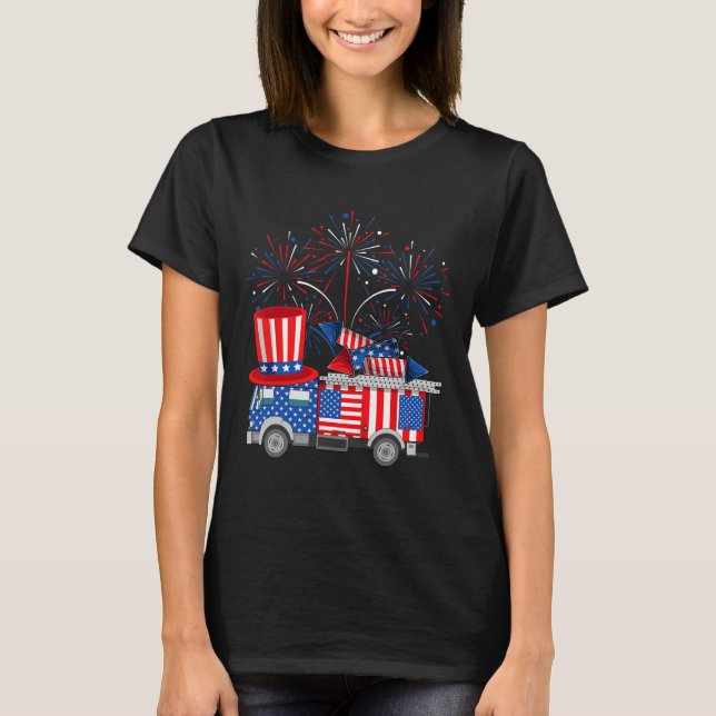 T-shirt Funky Oncle Sam Firetruck Et Fireworks Usa Drapeau (Devant)