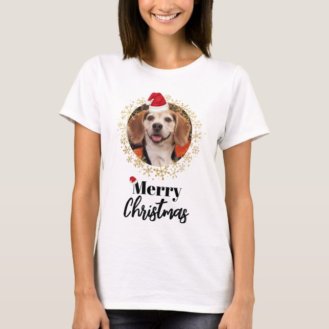 T-shirt Funky Pet Photo Red Santa Hat Snowflakes Noël (Devant)