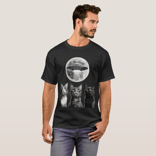 T-shirt Funny 3 chats effrayés Lune UFO Alien Earth Invasi (Devant entier)