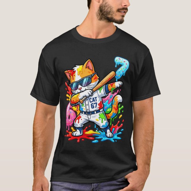 T-shirt Funny 67 Baseball Dabbing Cat 6 7 Dripng Ice Cream (Devant)