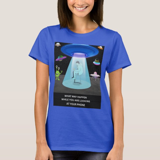 T-shirt Funny Alien Abduction Phone Distraction Sci-Fi Hum (Devant)
