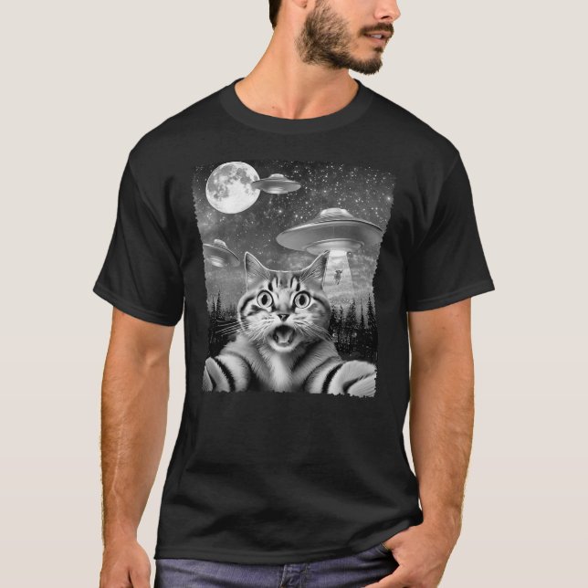 T-shirt Funny Alien Cat Selfie with UFOs Gift Idea Men Wom (Devant)