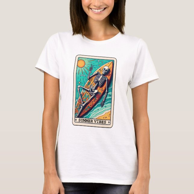 T-shirt Funny Beach Summer Vibes Surfboard Skeleton Tarot (Devant)