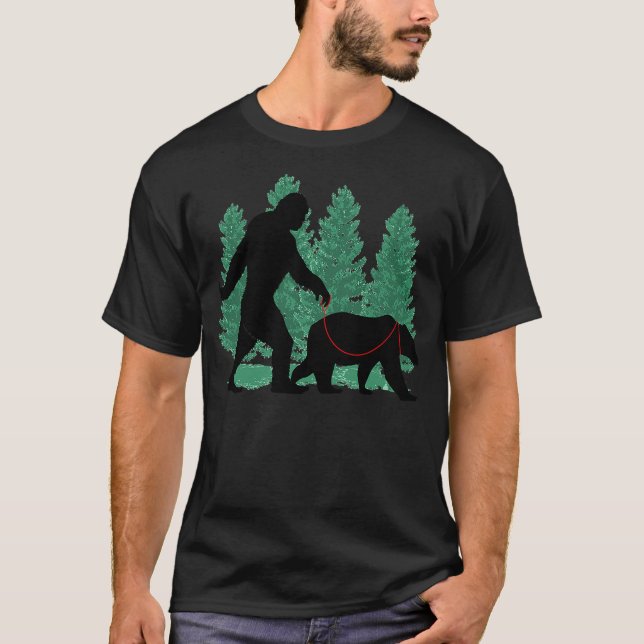 T-shirt Funny Bigfoot Walking A Grizzly Bear Wild Animal L (Devant)