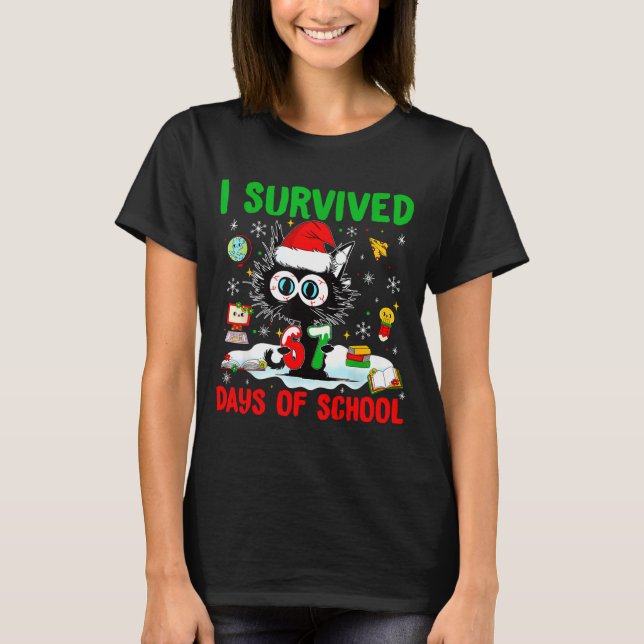 T-shirt Funny Black Cat Christmas I Survived 67 Days Of Sc (Devant)
