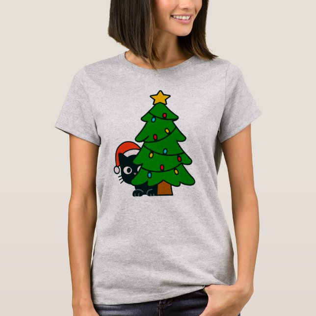 T-shirt Funny Black Cat Christmas Tree Lights Kitty Xmas (Devant)