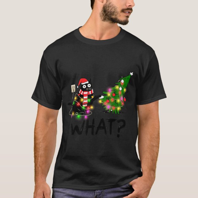 T-shirt Funny Black Cat Gift Pushing Christmas Tree Over C (Devant)