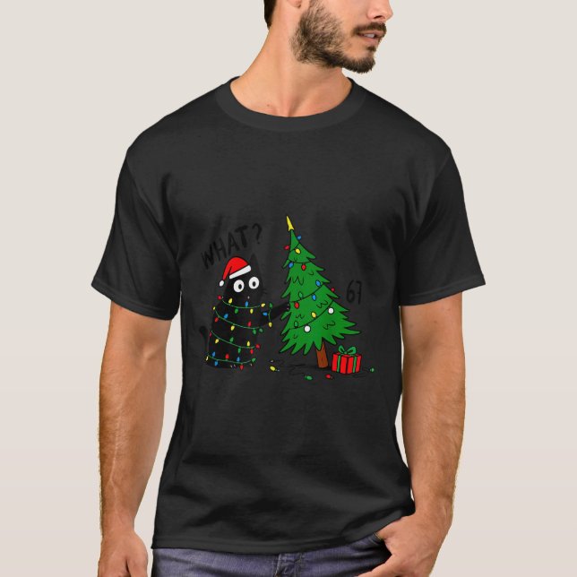 T-shirt Funny Black Cat Pushing 67 Christmas Tree Over Cat (Devant)