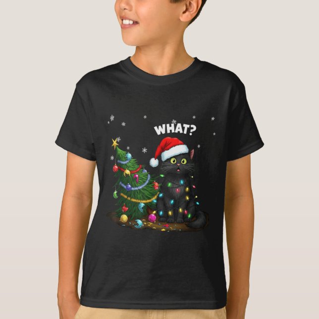 T-shirt Funny Black Cat Pushing Christmas Tree  (Devant)