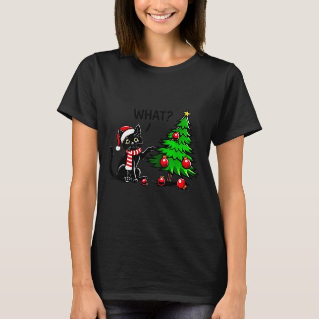 T-shirt Funny Black Cat Pushing Christmas Tree Over Cat Wh (Devant)