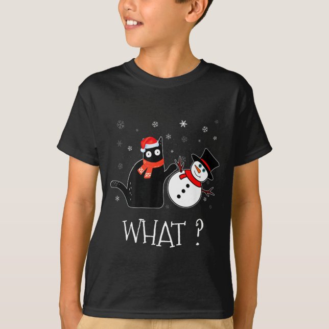 T-shirt Funny Black Cat Pushing Snowman Christmas Winter C (Devant)