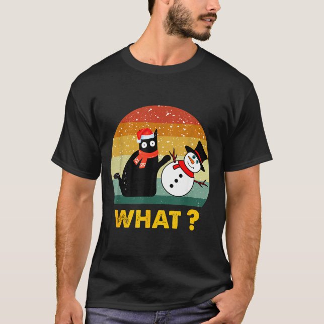 T-shirt Funny Black Cat Pushing Snowman Xmas Winter Costum (Devant)