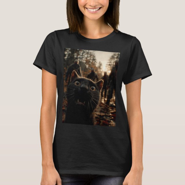 T-shirt Funny Black Cat Selfie With Zombies Feline Animal  (Devant)