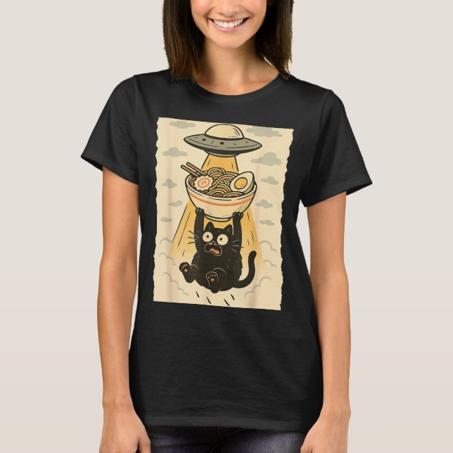 T-shirt Funny Black Cat Ufo Ramen Alien Abduction Graphic  (Devant)