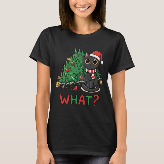 T-shirt Funny Black Cat What? Christmas Tree Humor (Devant)