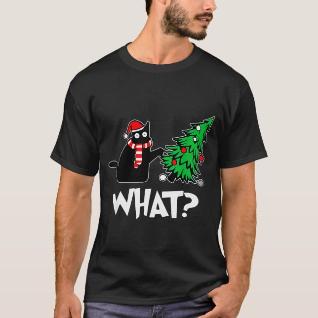 T-shirt Funny Black Cat Xmas Pushing Christmas Tree Over C (Devant)