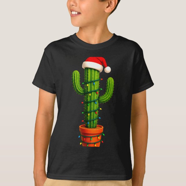 T-shirt Funny Cactus Santa Hat Xmas Tree Lights Merry Chri (Devant)