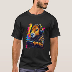 T-shirt Funny Capybara Tee Gamepad Casques Jeux Vidéo
