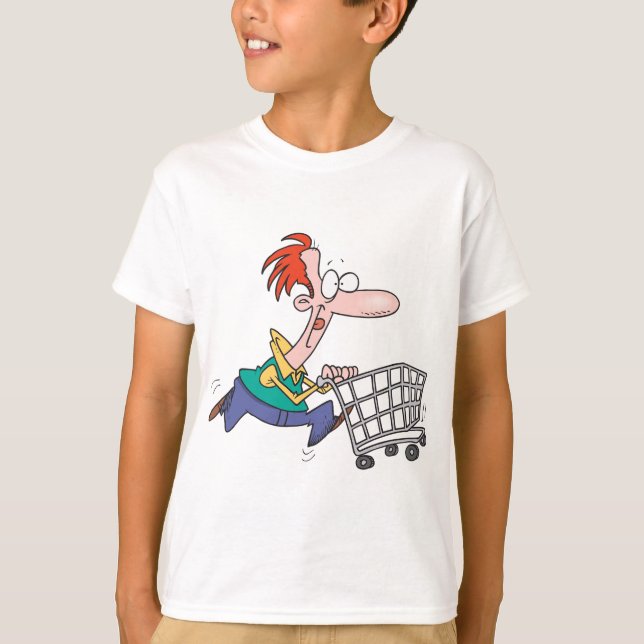 T-shirt Funny Cartoon Man Running With Shopping Cart (Devant)