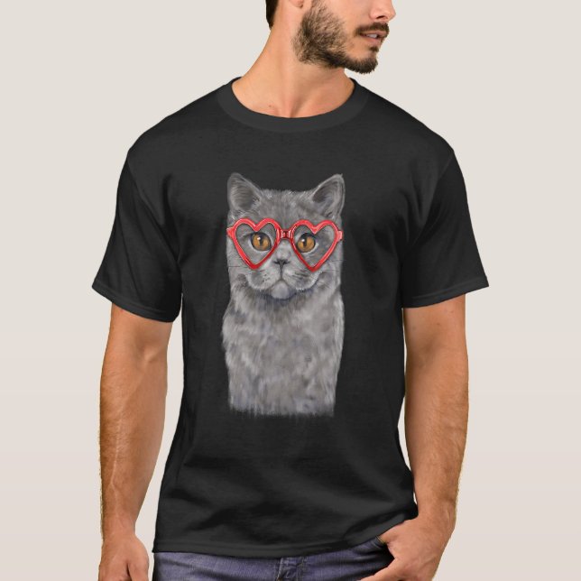 T-shirt Funny Cat Heart Glasses Valentine's Day British Sh (Devant)