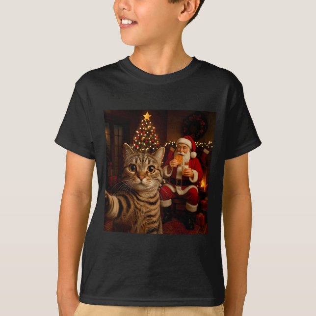 T-shirt Funny Cat Selfie Santa Claus Eating Cookies Christ (Devant)