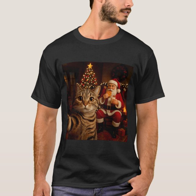 T-shirt Funny Cat Selfie Santa Claus Eating Cookies Christ (Devant)