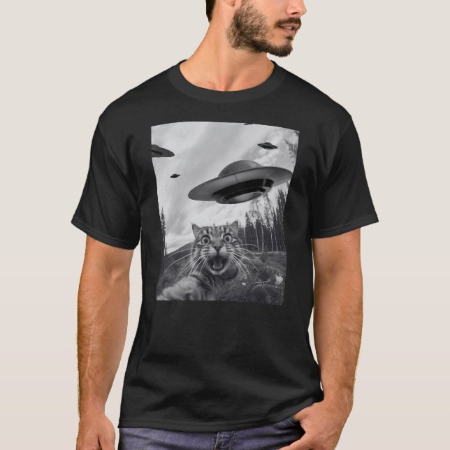 T-shirt Funny Cat Selfie with Alien UFO (Devant)