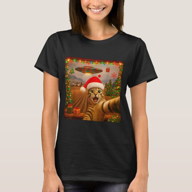 T-shirt Funny Cat Selfie With Alien Ufo Christmas Lights S (Devant)