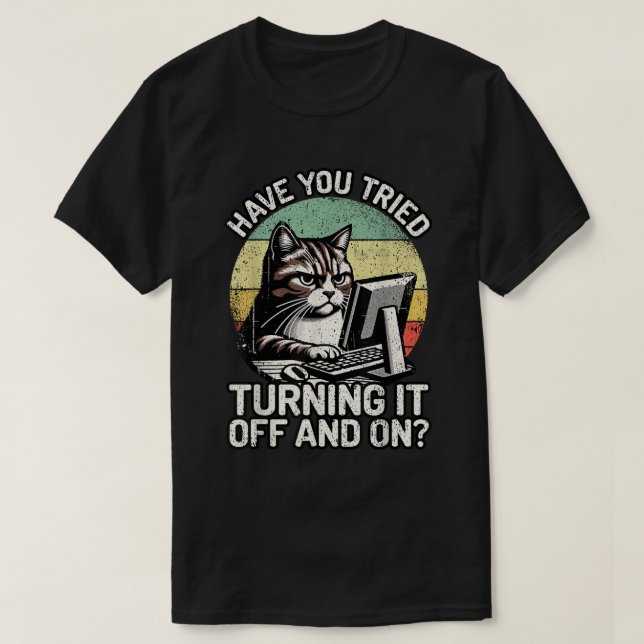 T-shirt Funny Cat Tech Support Retro Computer Meme (Design devant)