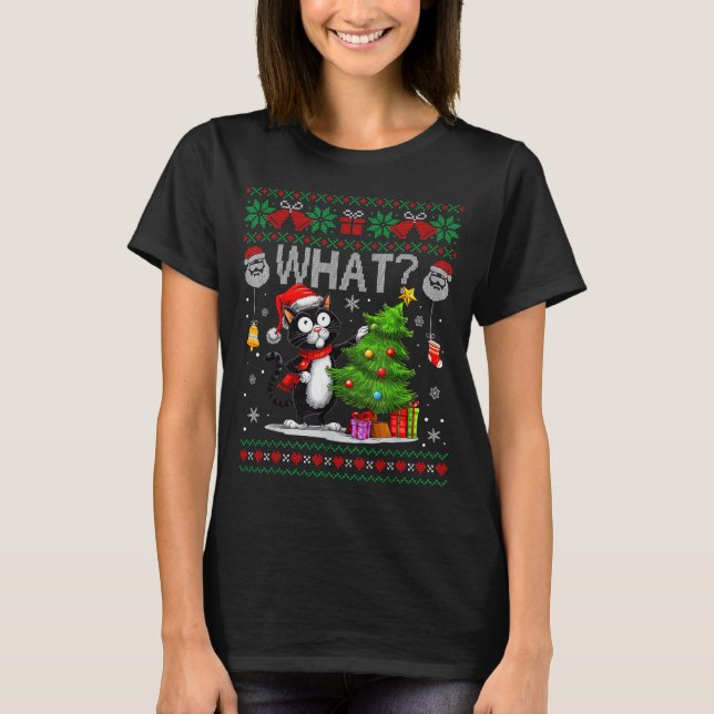 T-shirt Funny Cat What Black Cat Christmas Tree Ugly Xmas  (Devant)
