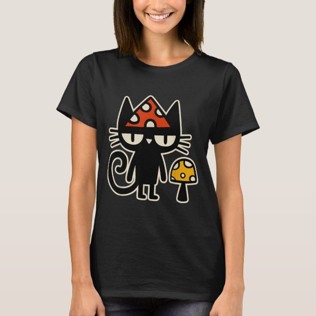 T-shirt Funny Cat With Mushroom Hat Black Cat With Toadsto (Devant)