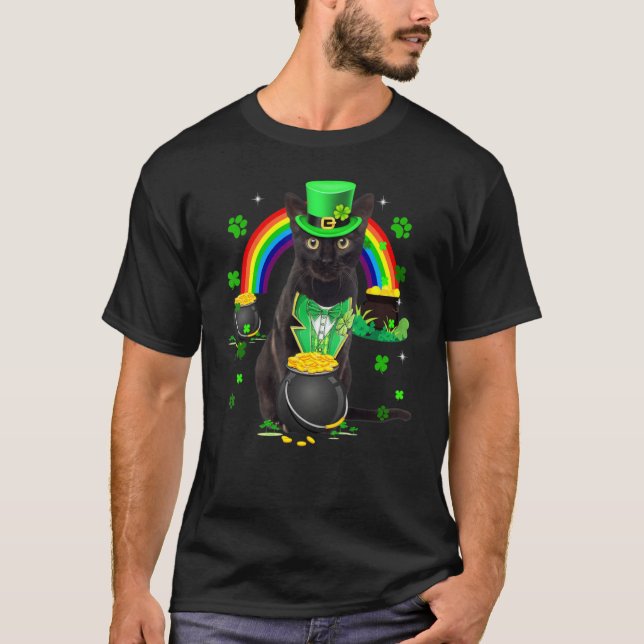 T-shirt Funny Chat noir Leprechaun Shamrock St. Patrick's (Devant)