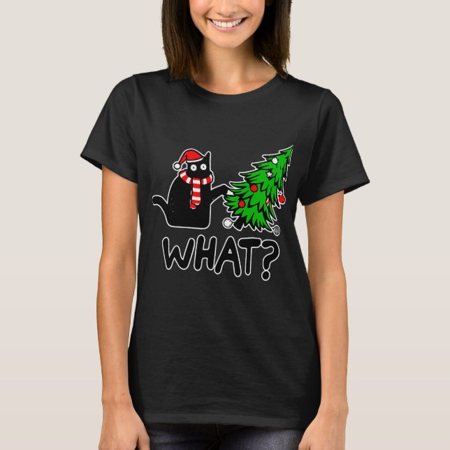 T-shirt Funny Chat Noir Poussant Arbre de Noël (Devant)