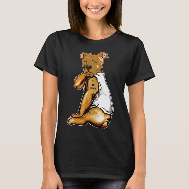T-shirt Funny Chien Pitbull I Love Maman Tattoo Mère Fête  (Devant)
