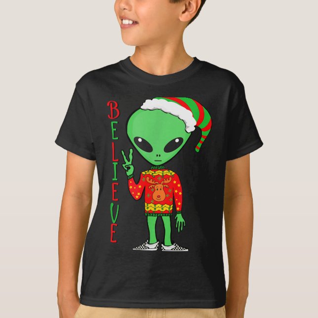 T-shirt Funny Christmas Alien Ugly Sweater I Believe Santa (Devant)
