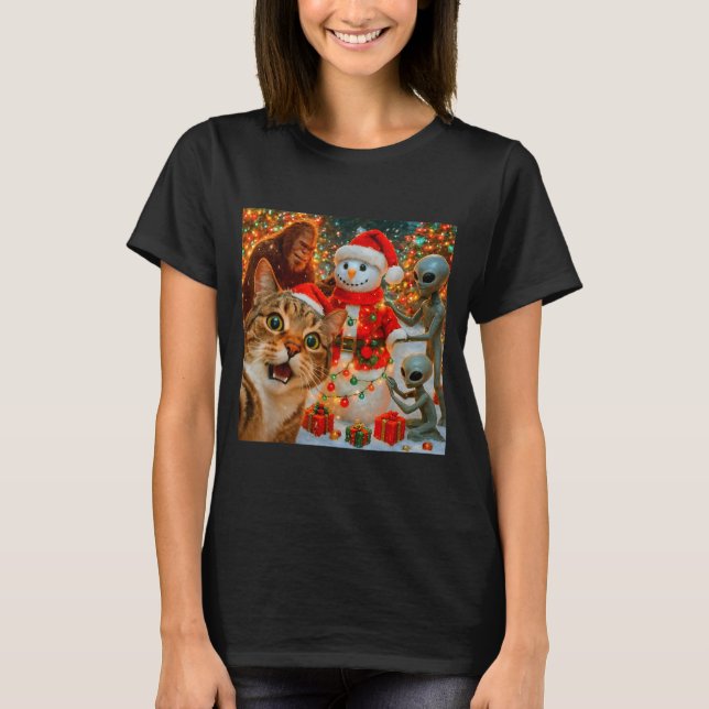 T-shirt Funny Christmas Cat Selfie With Bigfoot Alien &amp (Devant)