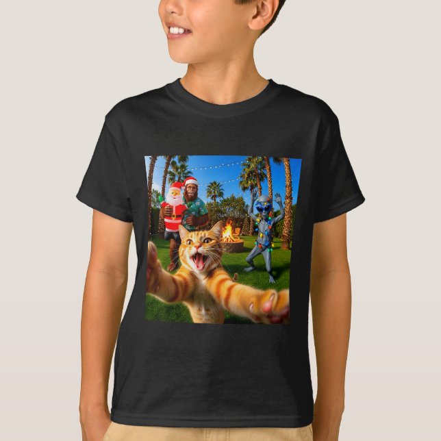 T-shirt Funny Christmas Cat Selfie With Bigfoot &amp; Alie (Devant)