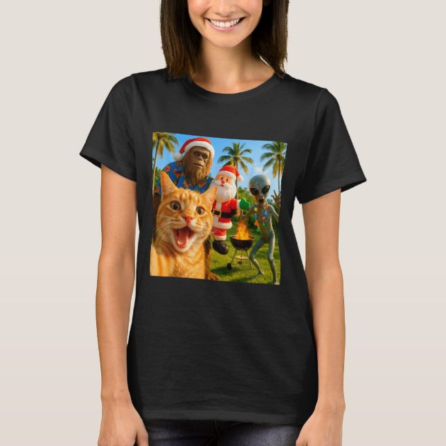 T-shirt Funny Christmas Cat Selfie With Bigfoot &amp; Alie (Devant)