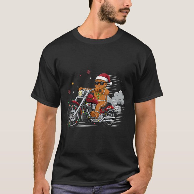 T-shirt Funny Christmas Gingerbread Man Biker Riding A Mot (Devant)